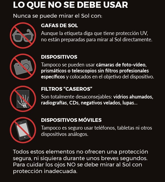 No expongas tu ojo tras instrumentos ópticos al mirar al Sol sin su filtro correspondiente