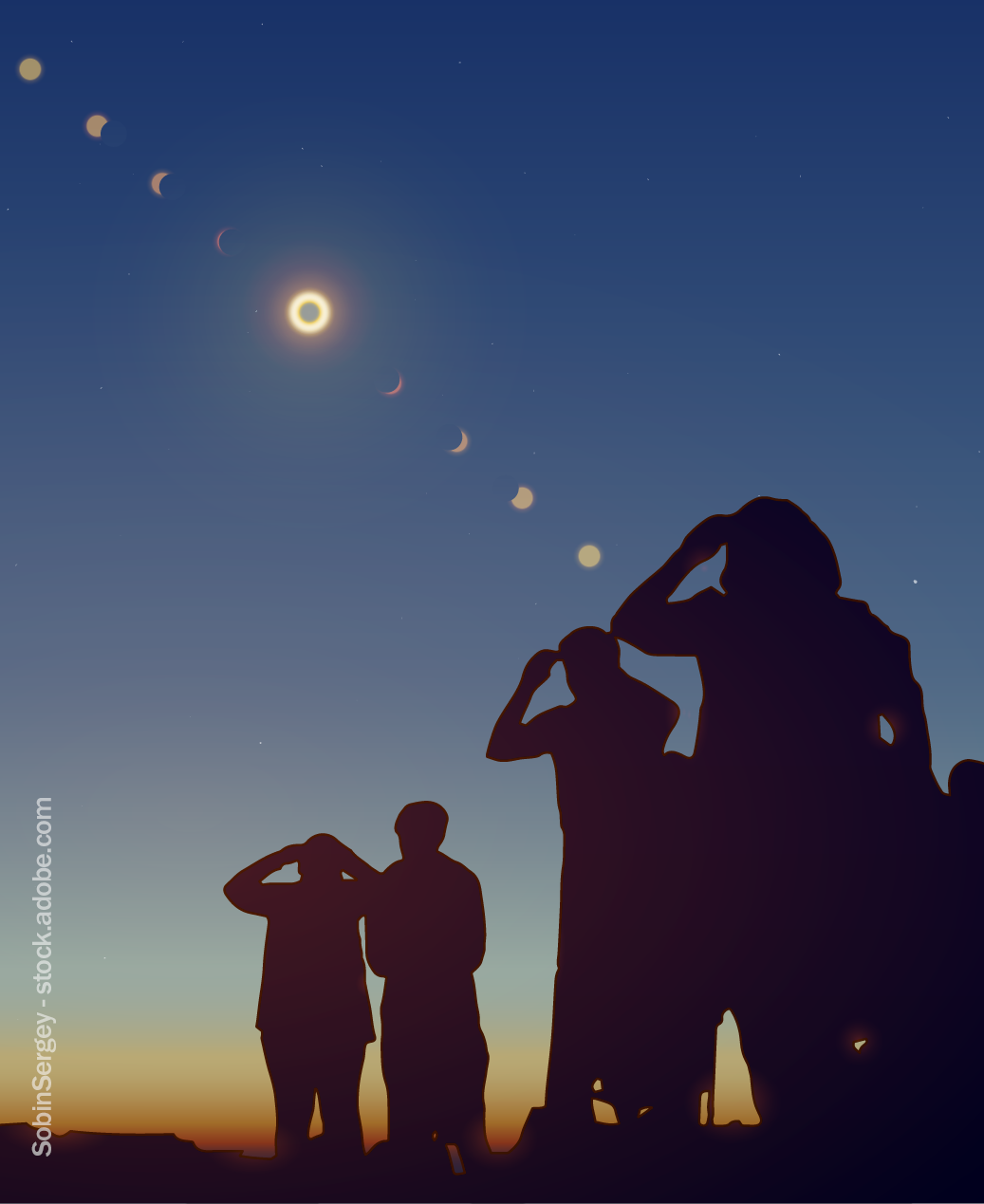 Personas contemplan al Sol totalmente eclipsado