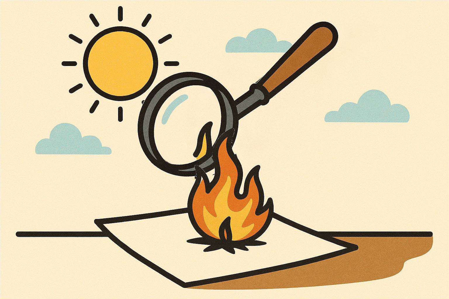 una lupa expuesta al Sol quema un papelito. No expongas tu ojo tras instrumentos ópticos al mirar al Sol